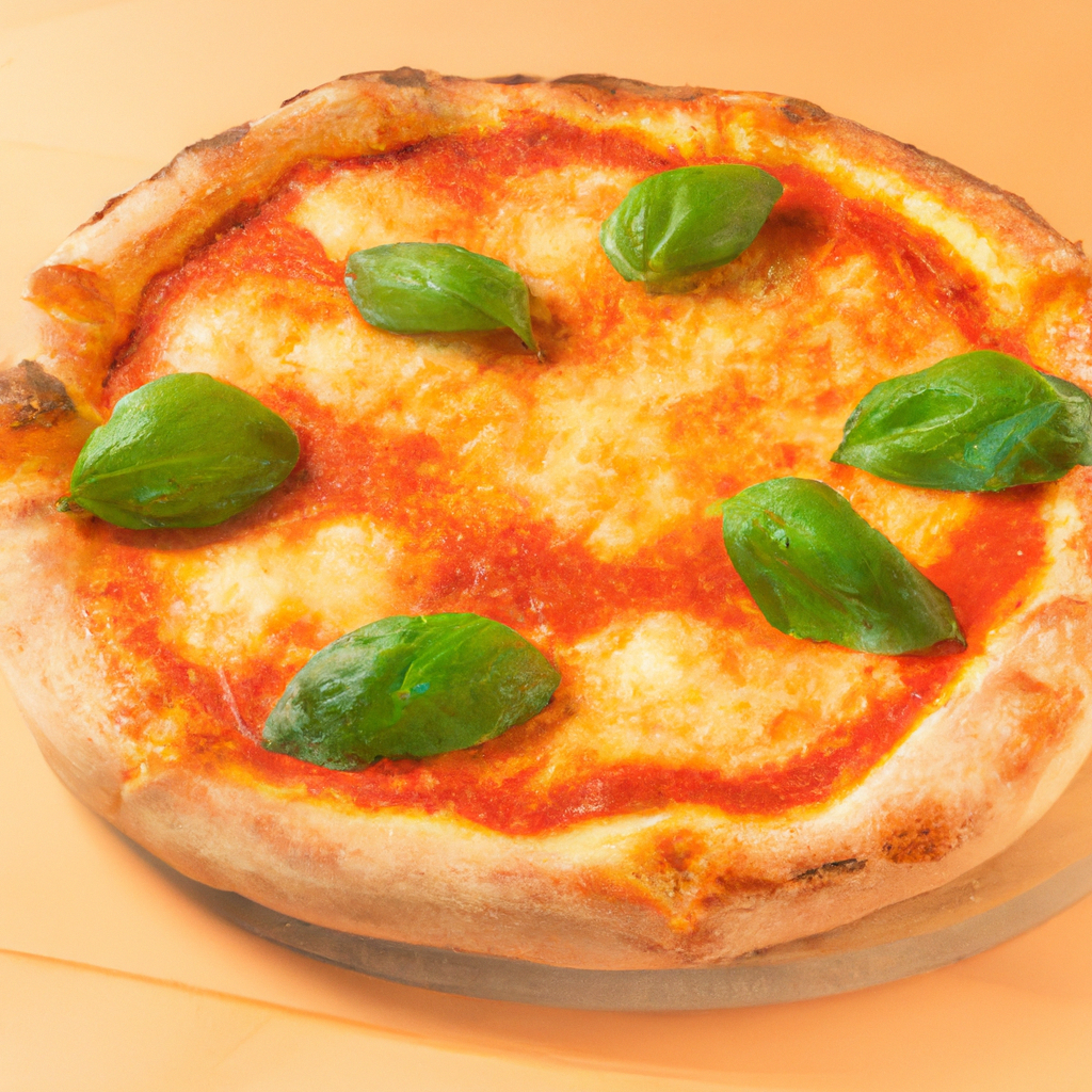 Pizza a la piedra estilo margherita con albahaca fresca sobre tabla rústica